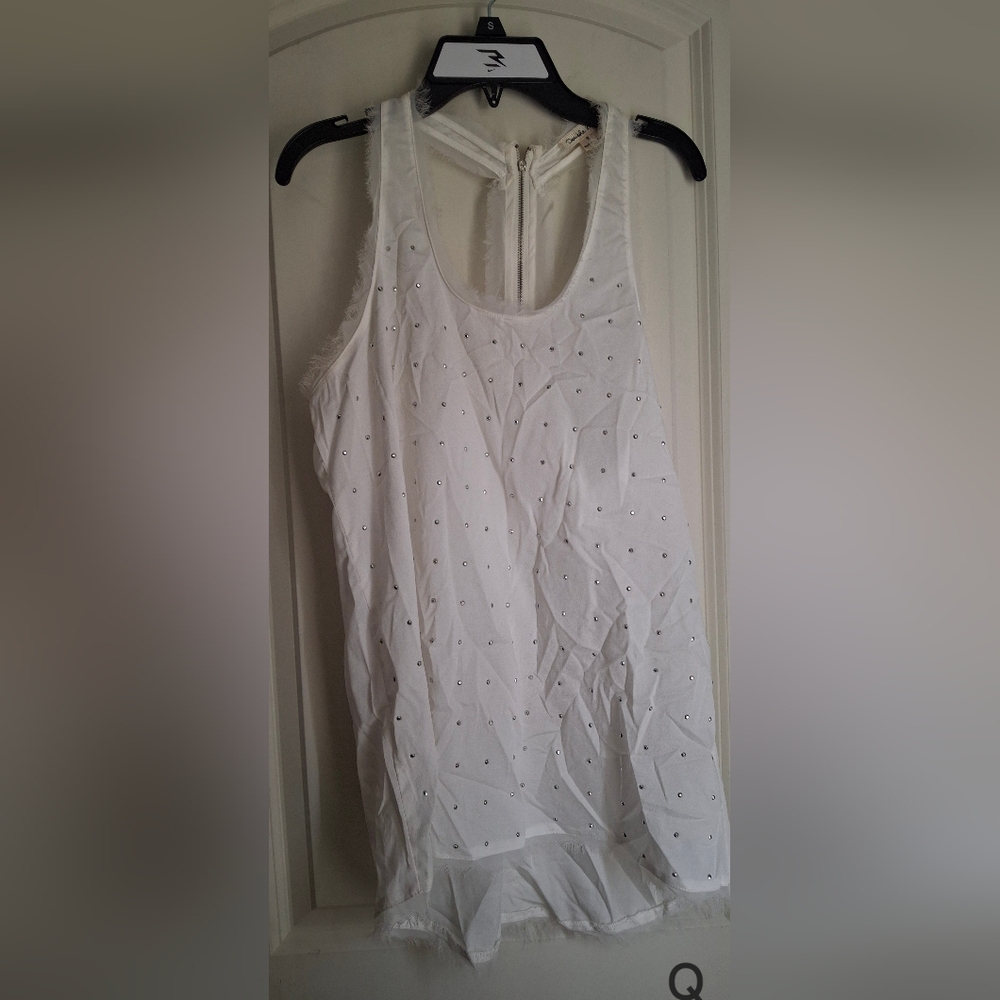 Doble Zero Beaded Elegant White Sleeveless Tank Top Zipper Back Semi Sheer Angel